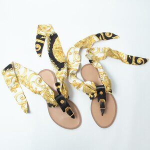 NIB Versace Medusa Ankle Wrap Silk Sash Barocco Sandals Flats Black & Gold, 37